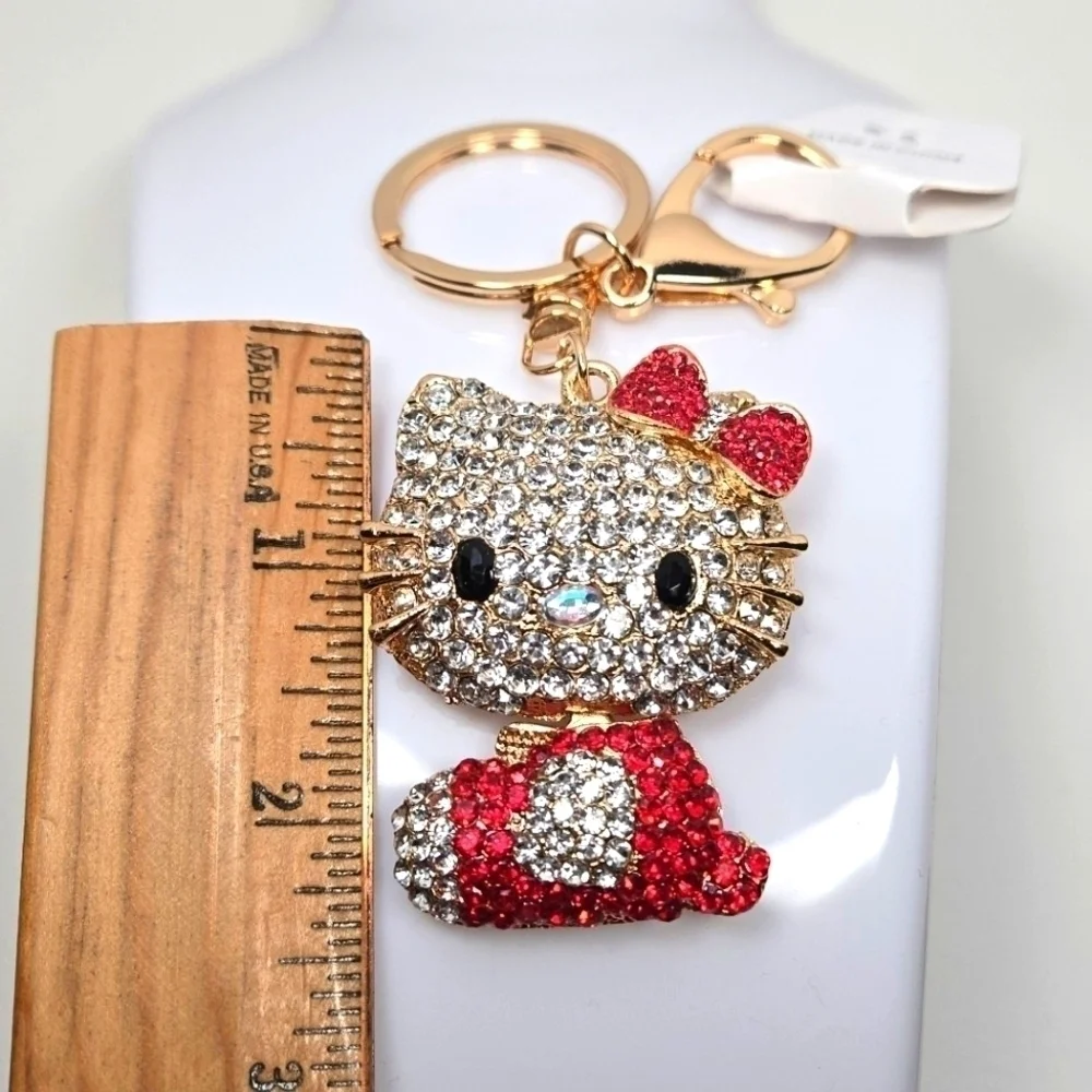 Hello Kitty Rhinestone Keychain Bright Red and Gold Tone